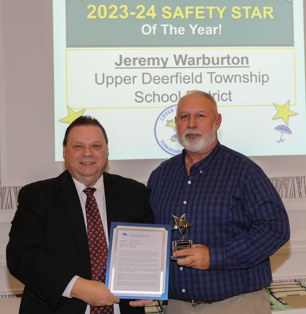 JIF Safety Director John Geitz with Safety Star Winner Jeremy Warburton, Upper Deerfield School District